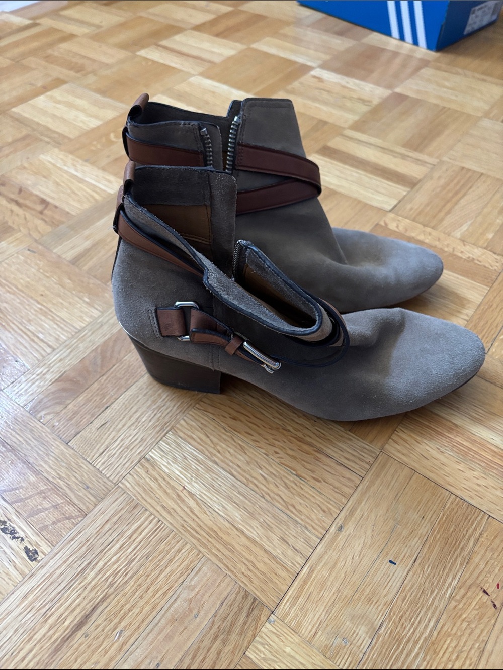 Coach Taupe Suede Ankle Booties with Brown Leather Strap